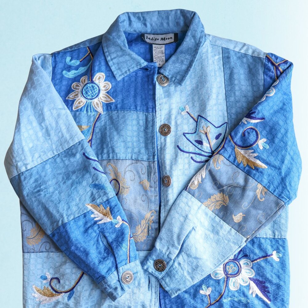 90s Indigo Moon Blue Embroidered Patchwork Jacket Sz. Small Vintage Boho